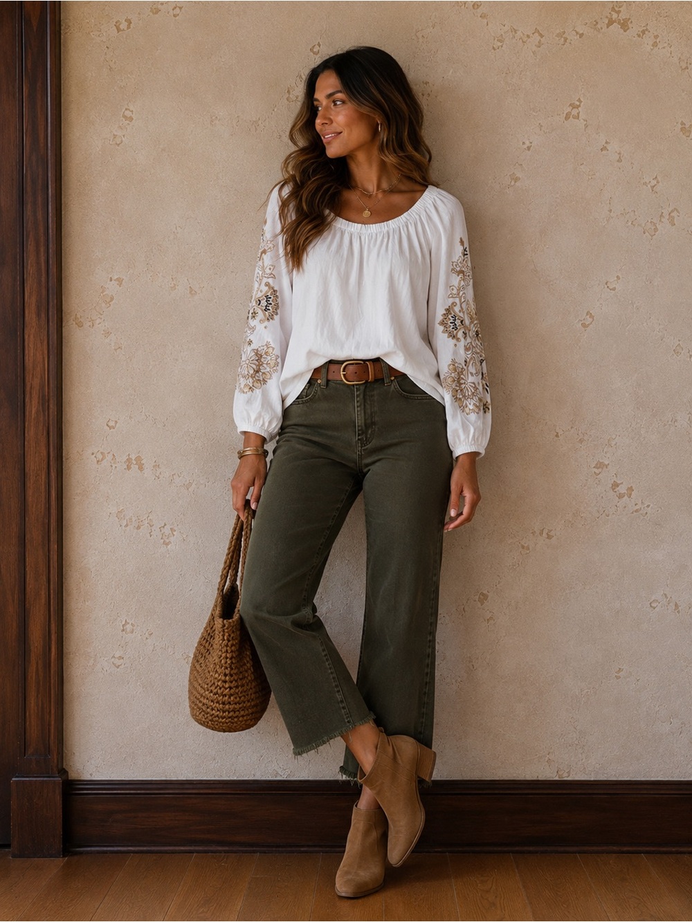 Talbots Embroidered Peasant Blouse White Boho 3/4 Sleeve Size M